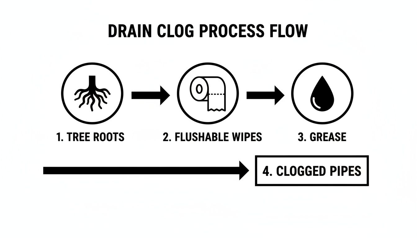 Flowchart illustrating common causes of drain clogs: tree roots, flushable wipes, and grease, leading to clogged pipes.