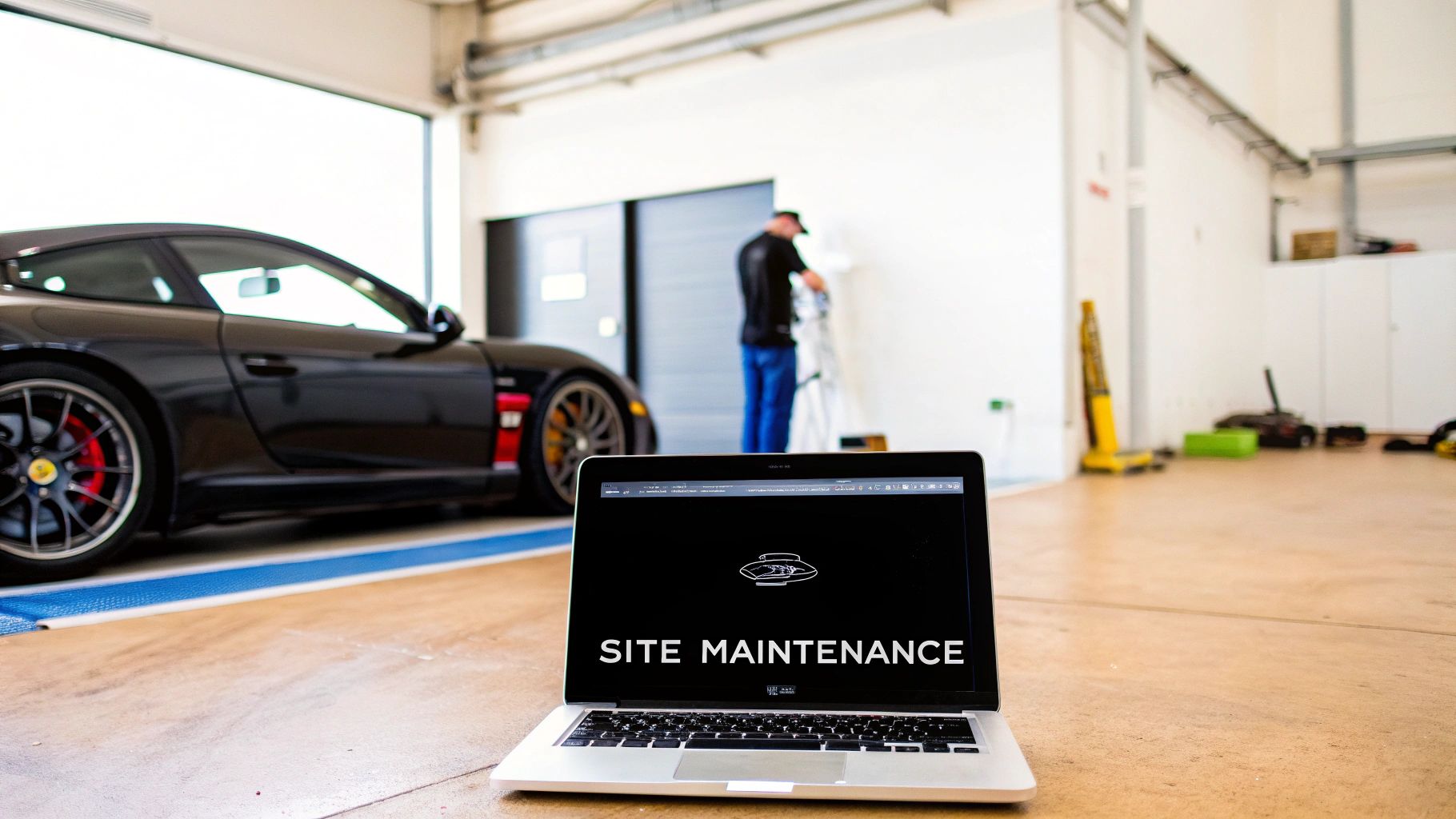 Laptop displaying site maintenance message in luxury car repair garage workshop setting