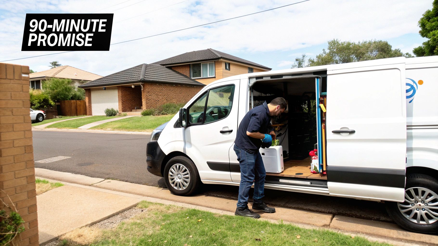 A plumber retrieves equipment from a white service van parked on a residential street, with a '90-MINUTE PROMISE' overlay.