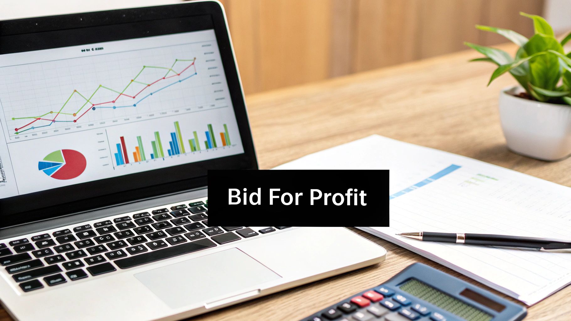 A laptop displaying financial charts and graphs with a 'Bid For Profit' text overlay on a desk.