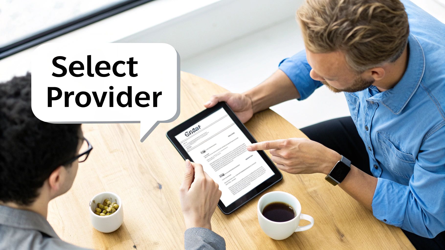 Two men discussing digital content on a tablet at a wooden table, with a "Select Provider" speech bubble.