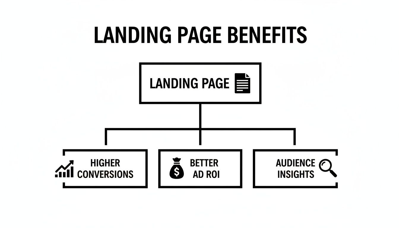 A diagram titled 'Landing Page Benefits' showing how a landing page leads to higher conversions, better ad ROI, and audience insights.