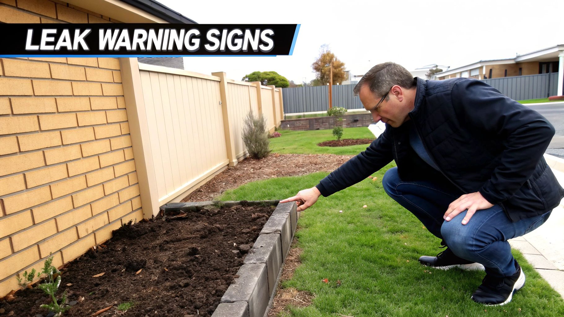 Man crouching and pointing at soil in a garden bed for leak warning signs.