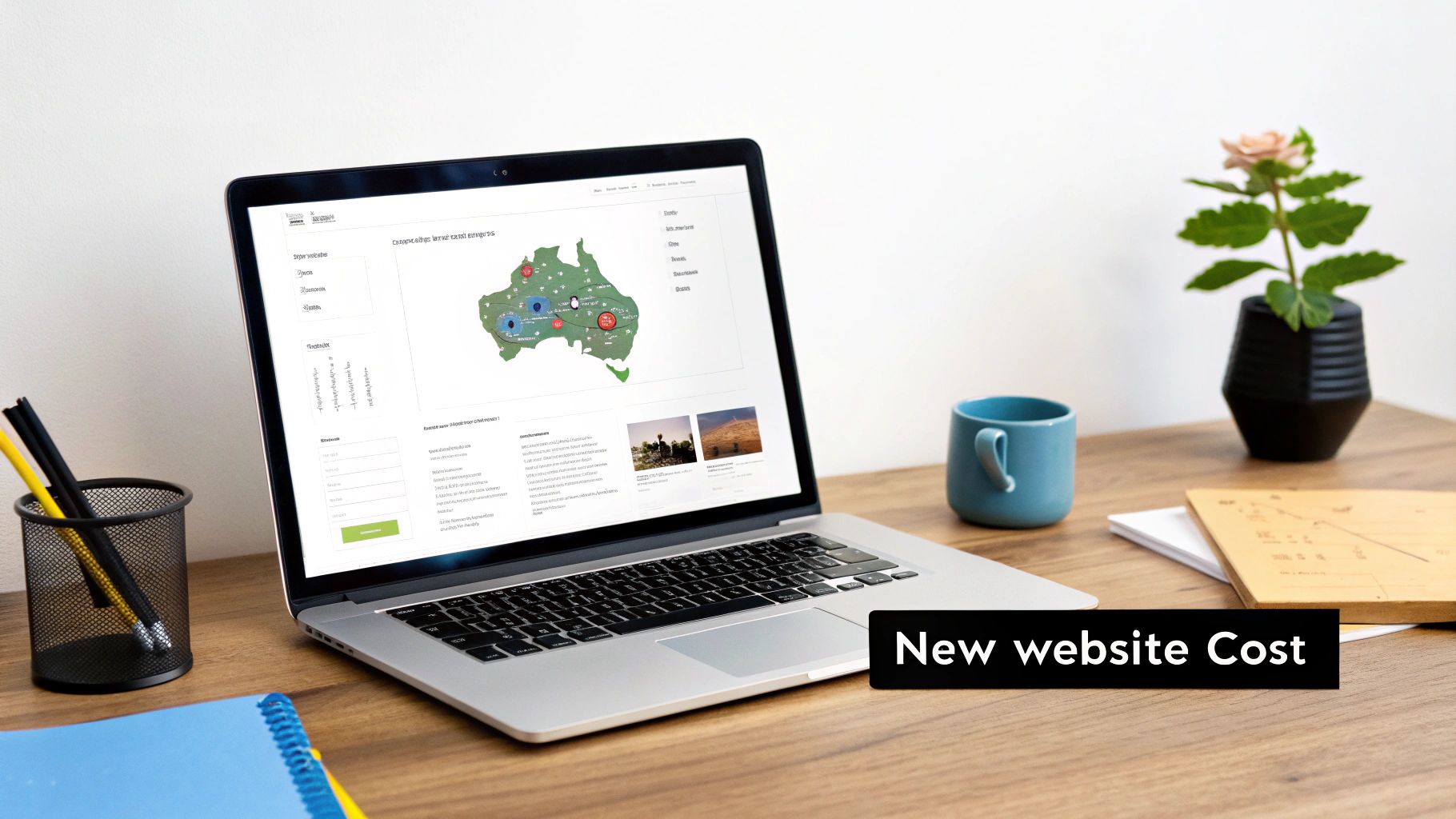 A laptop displaying a website with an Australian map and forms on a modern desk.