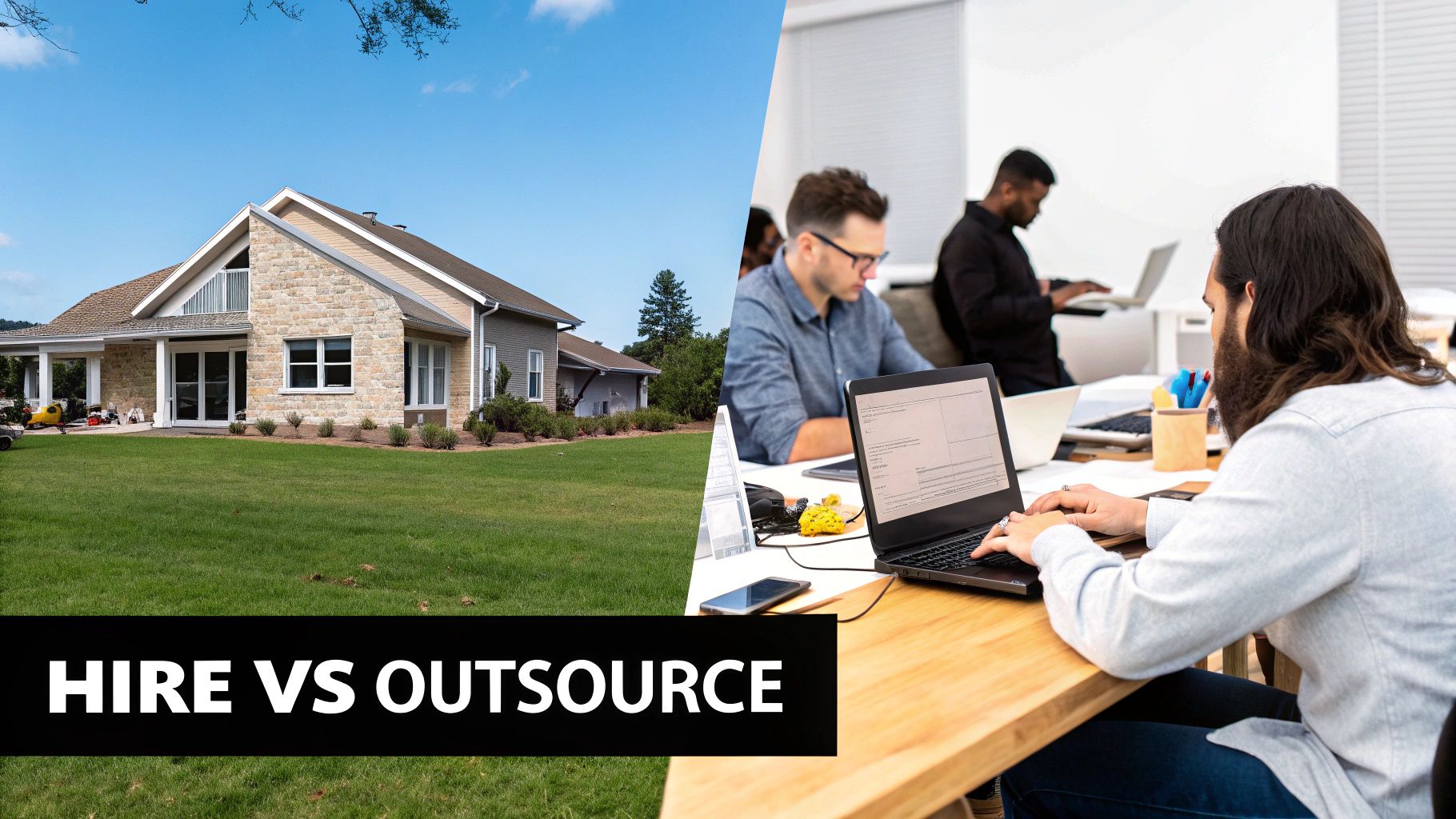 A split image illustrating 'HIRE VS OUTSOURCE' with a house on the left and people working on laptops on the right.