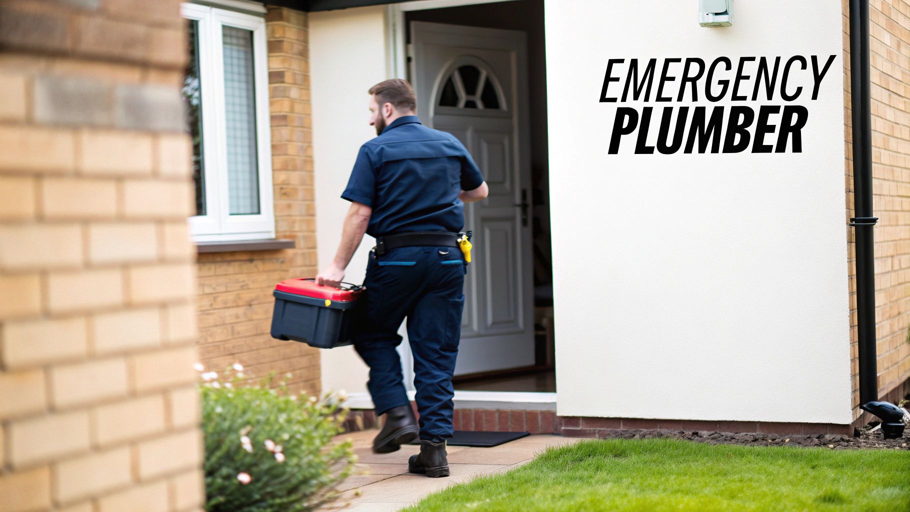 A male emergency plumber in a dark blue uniform carries a toolbox towards an open front door.