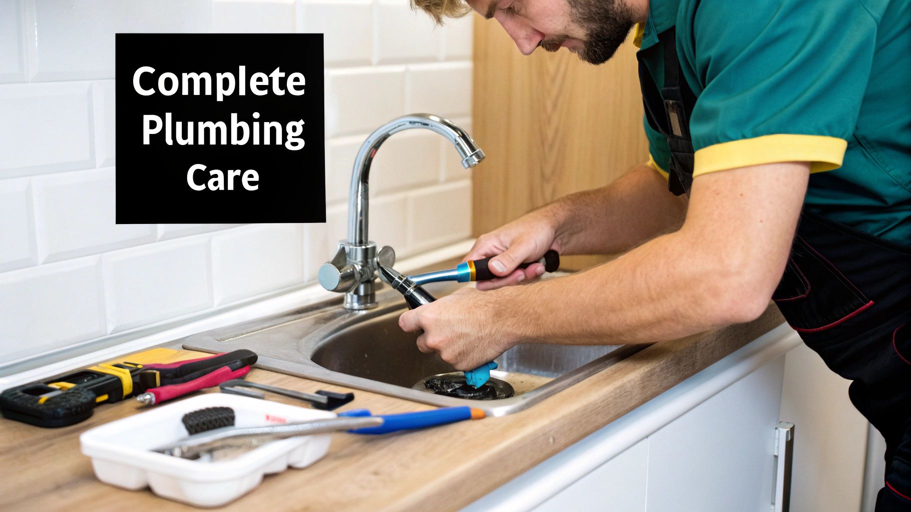 A plumber with a beard is actively fixing a kitchen sink, surrounded by tools and equipment.