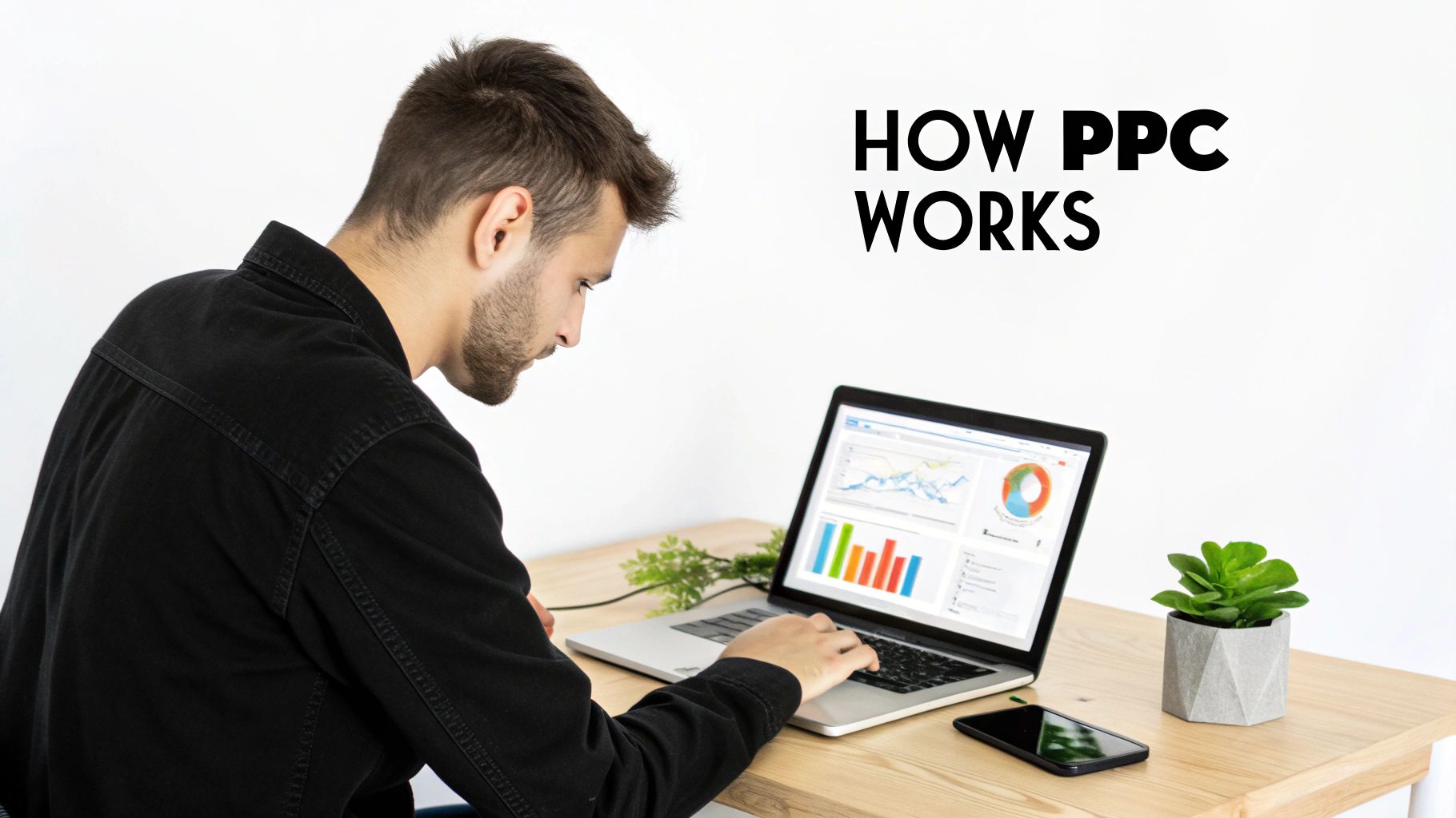Man working on a laptop displaying data charts with a smartphone and plant. Text: HOW PPC WORKS.