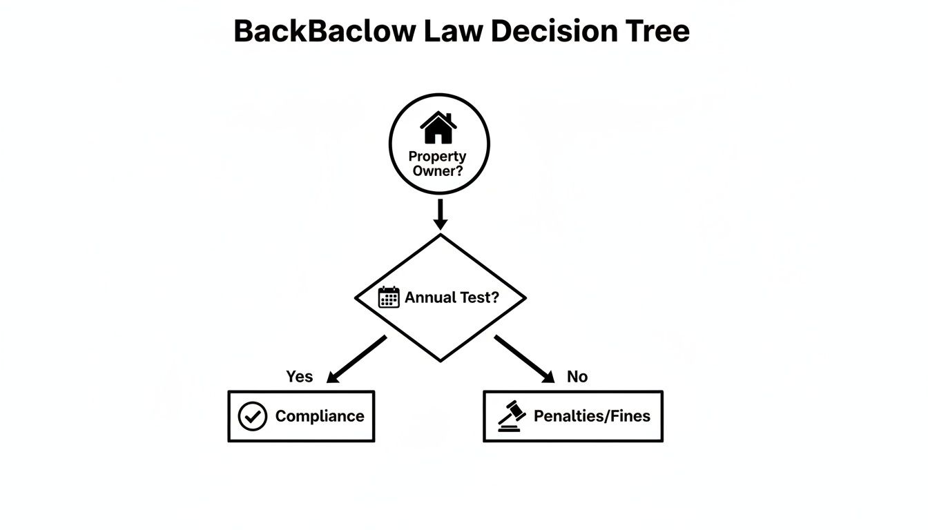 Decision tree flowchart for BackBaclow Law, checking property ownership and annual test for compliance or penalties.