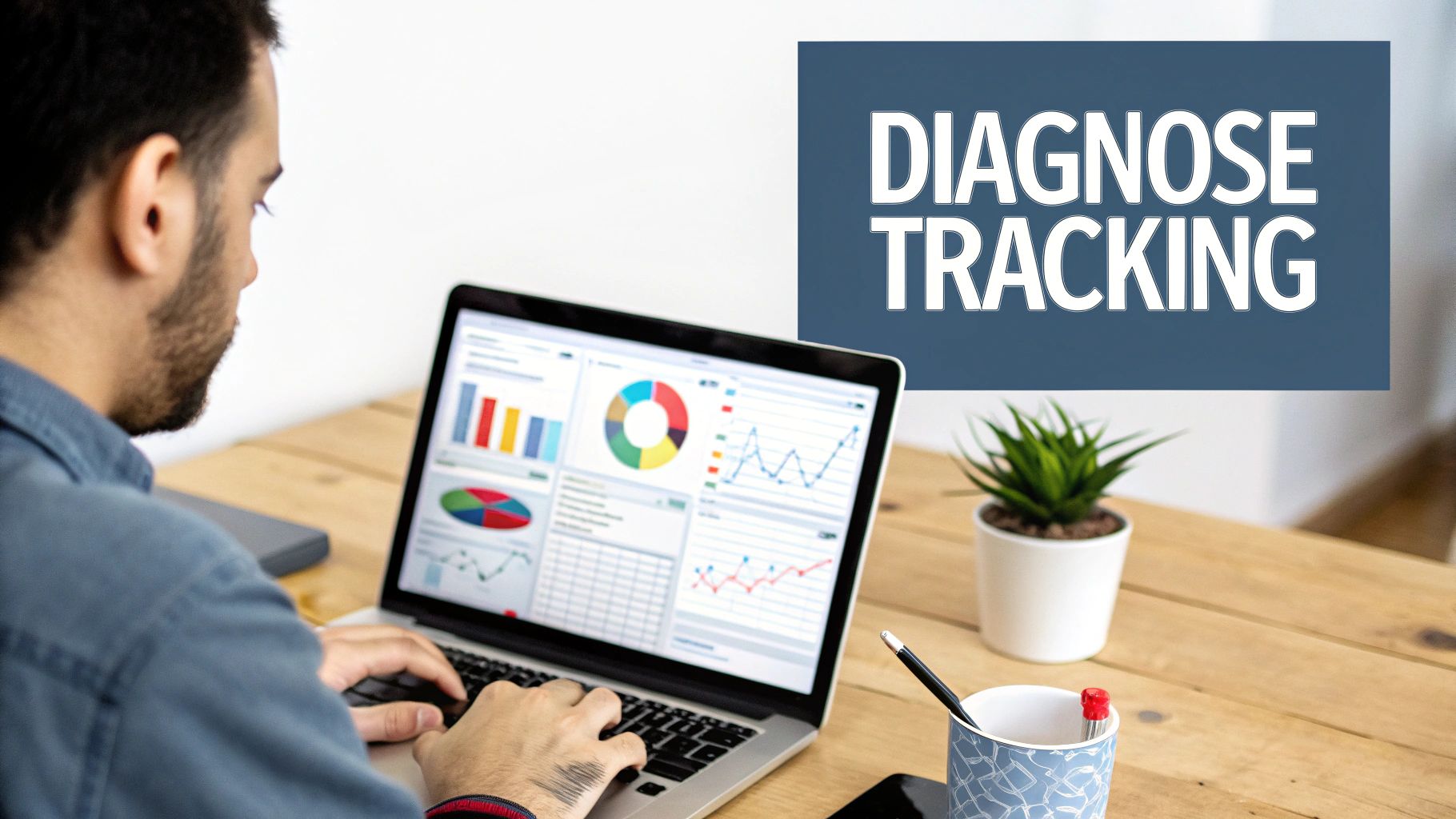 A man uses a laptop displaying data analytics charts with 'DIAGNOSE TRACKING' text.