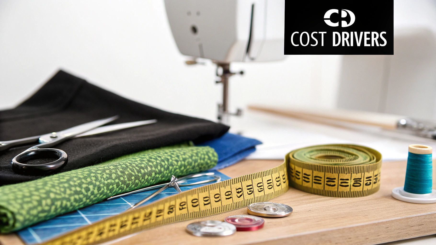 Close-up of sewing supplies: scissors, fabrics, measuring tape, and thread spool on a wooden table.
