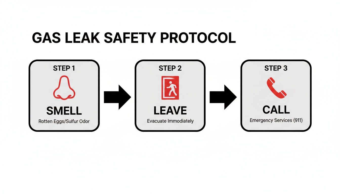 Flowchart illustrating gas leak safety protocol with three steps: smell, leave, and call emergency services.