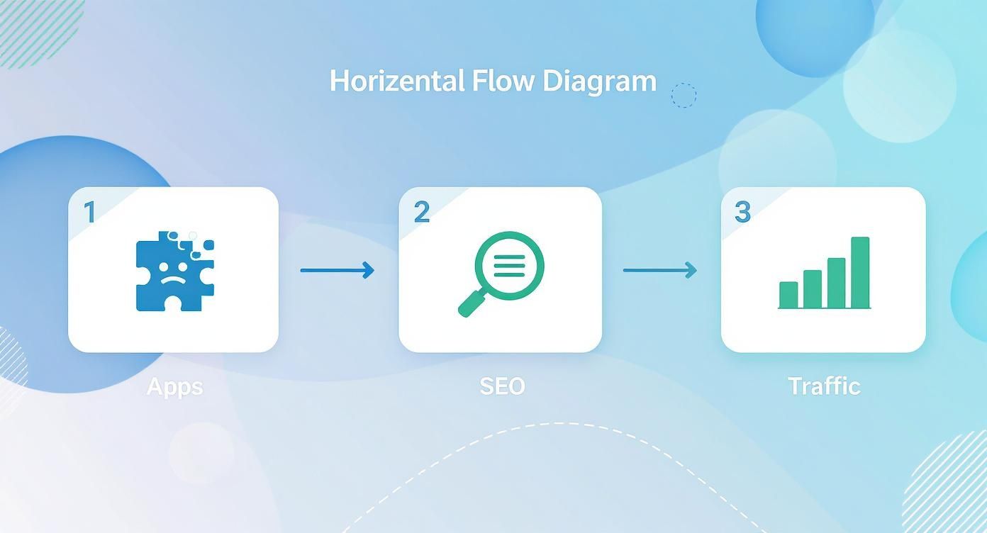 A horizontal flow diagram illustrating the progression from apps to SEO to increased traffic.