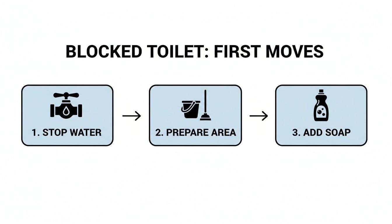 A three-step diagram showing the first moves to unblock a toilet: stop water, prepare area, and add soap.