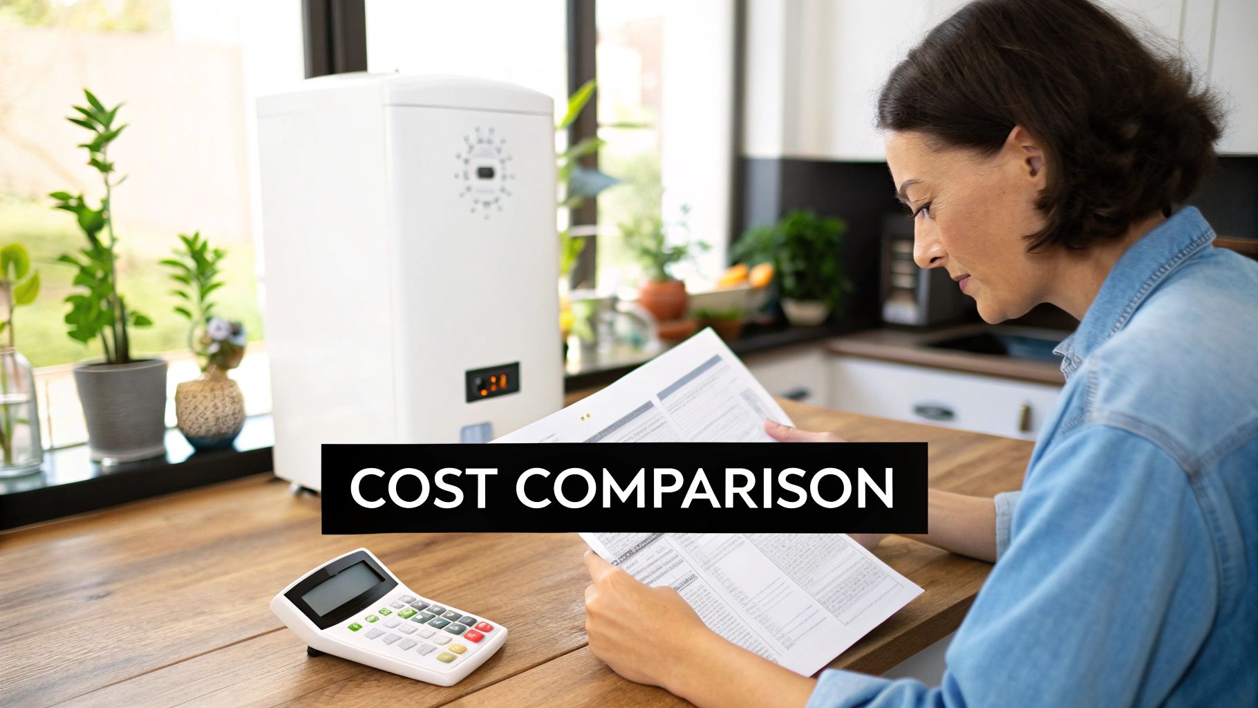 Woman comparing costs for a home appliance, holding documents with a calculator nearby in a kitchen.