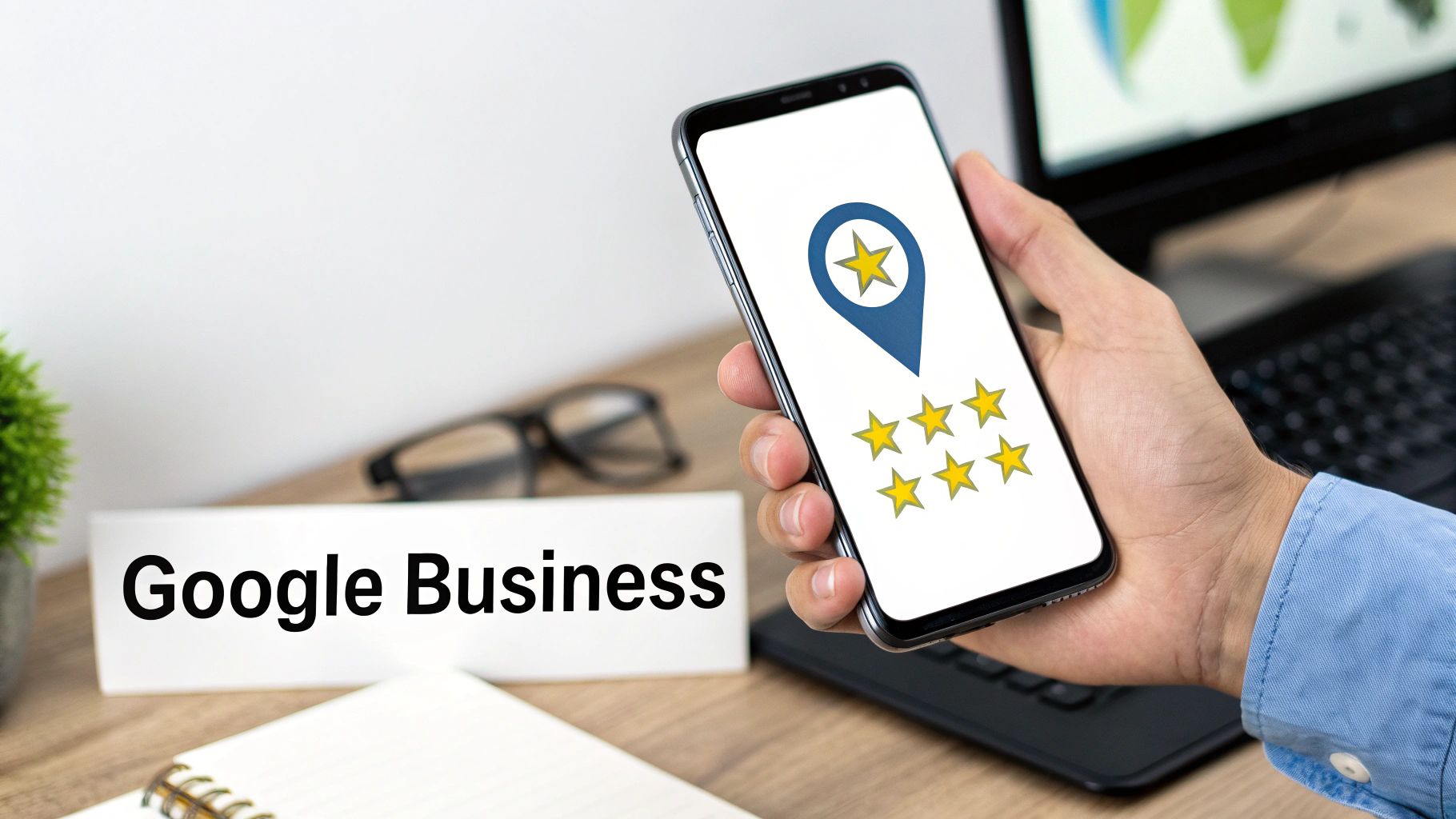 Hand holding smartphone displaying Google Business profile with star ratings and location pin icon
