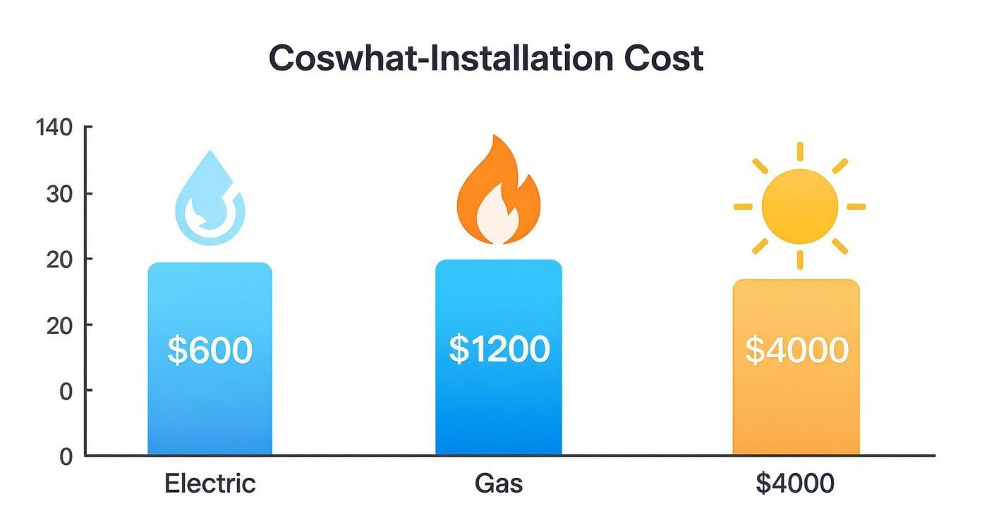 Bar chart showing installation costs for electric ($600), gas ($1200), and solar ($4000) hot water systems.
