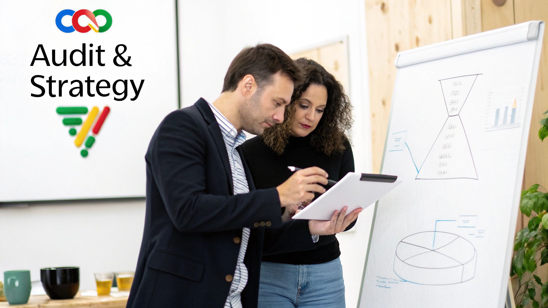 Consultants discussing documents during a strategy meeting, with presentation charts on a whiteboard.
