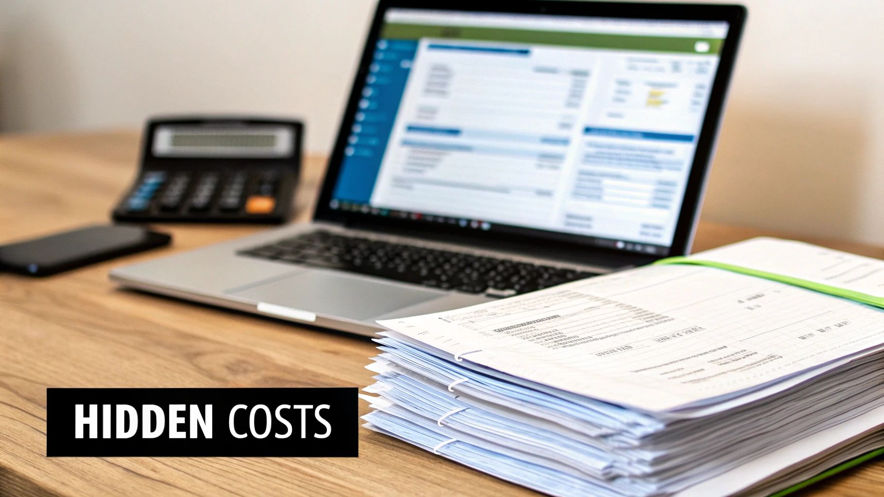 A desk with a laptop displaying financial data, a stack of papers, a calculator, and a smartphone.