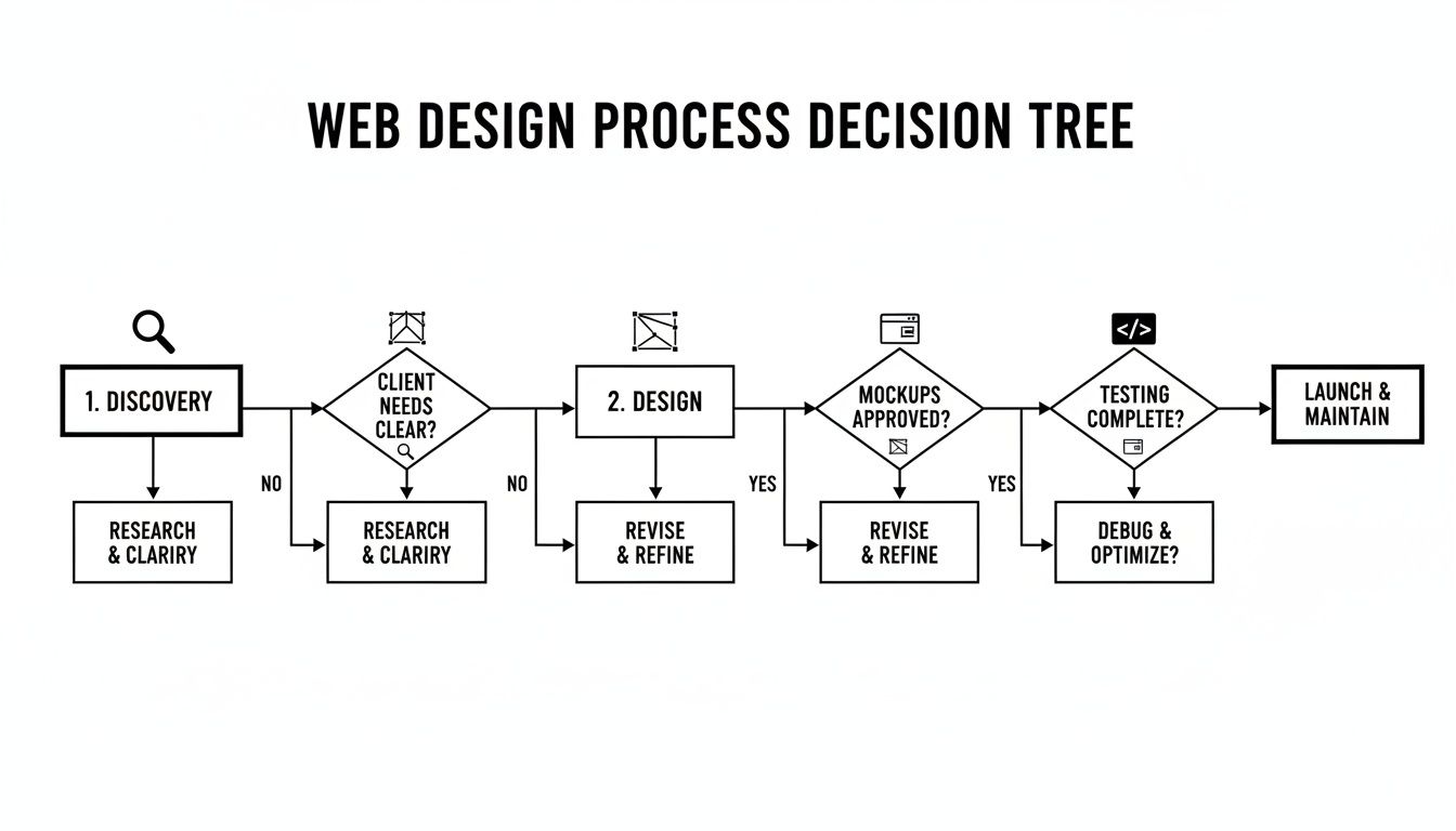 Flowchart illustrating a web design process decision tree from discovery to launch and maintenance.