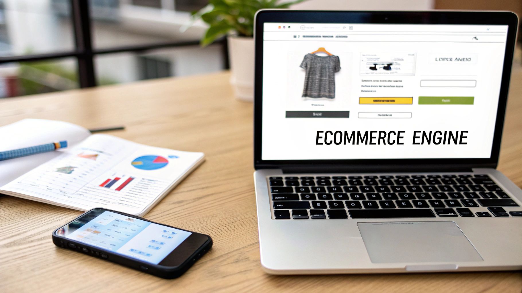 Laptop displaying an ecommerce engine with a product page, smartphone, and notebook with data charts on a wooden desk.