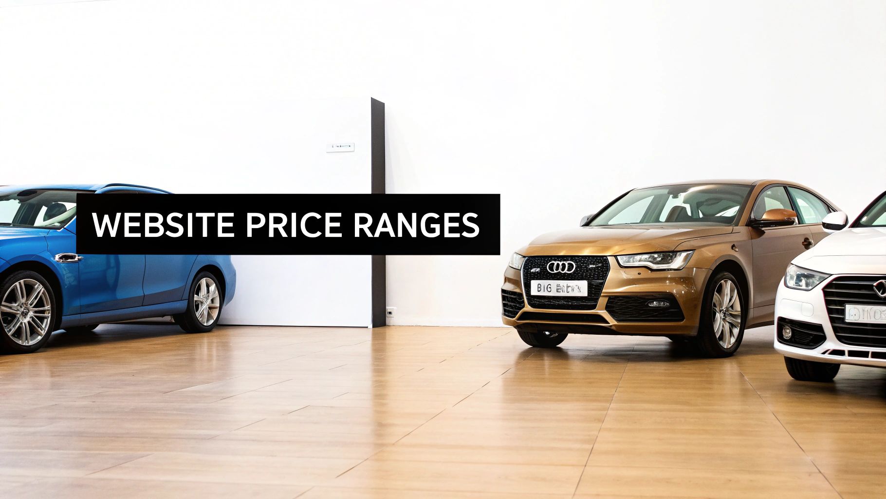 A car showroom featuring three luxury sedans and a prominent 'WEBSITE PRICE RANGES' text banner.