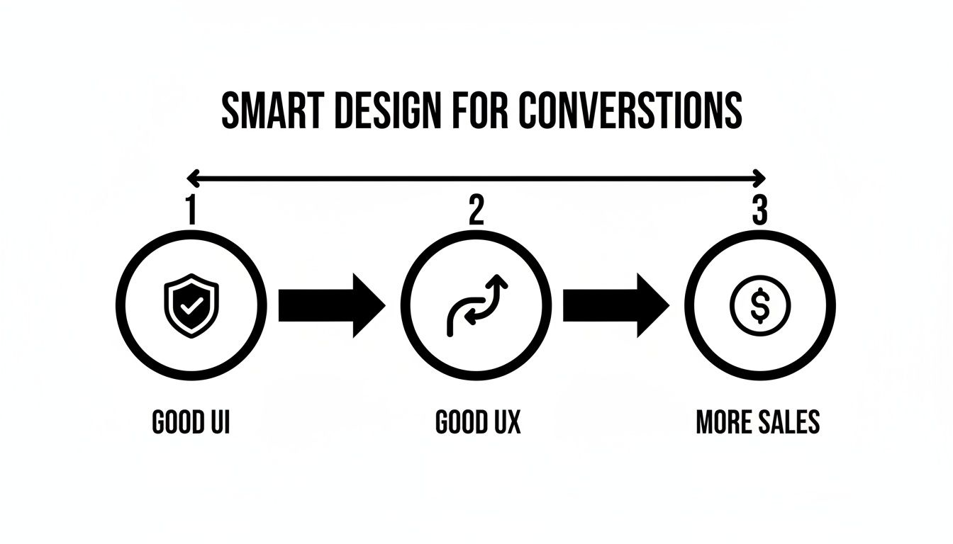 An infographic illustrating the sequential process: good UI leads to good UX, resulting in more sales.