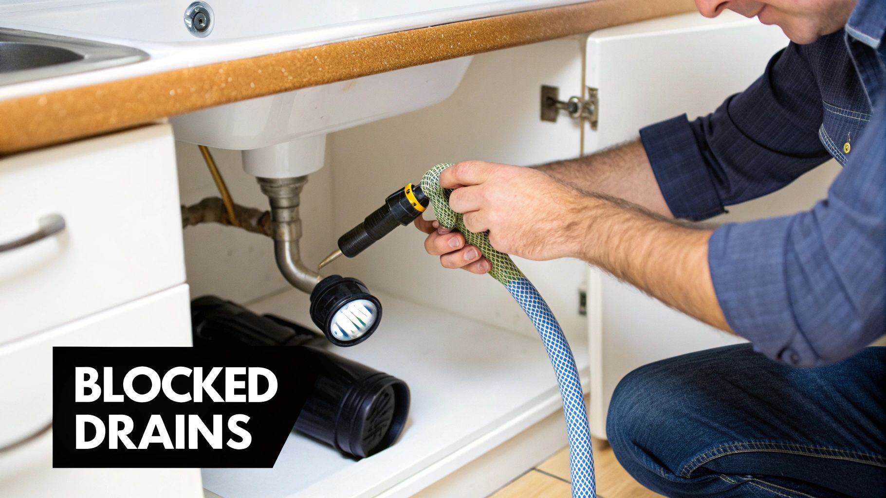 A plumber is fixing a blocked drain under a kitchen sink with a drain cleaning tool.