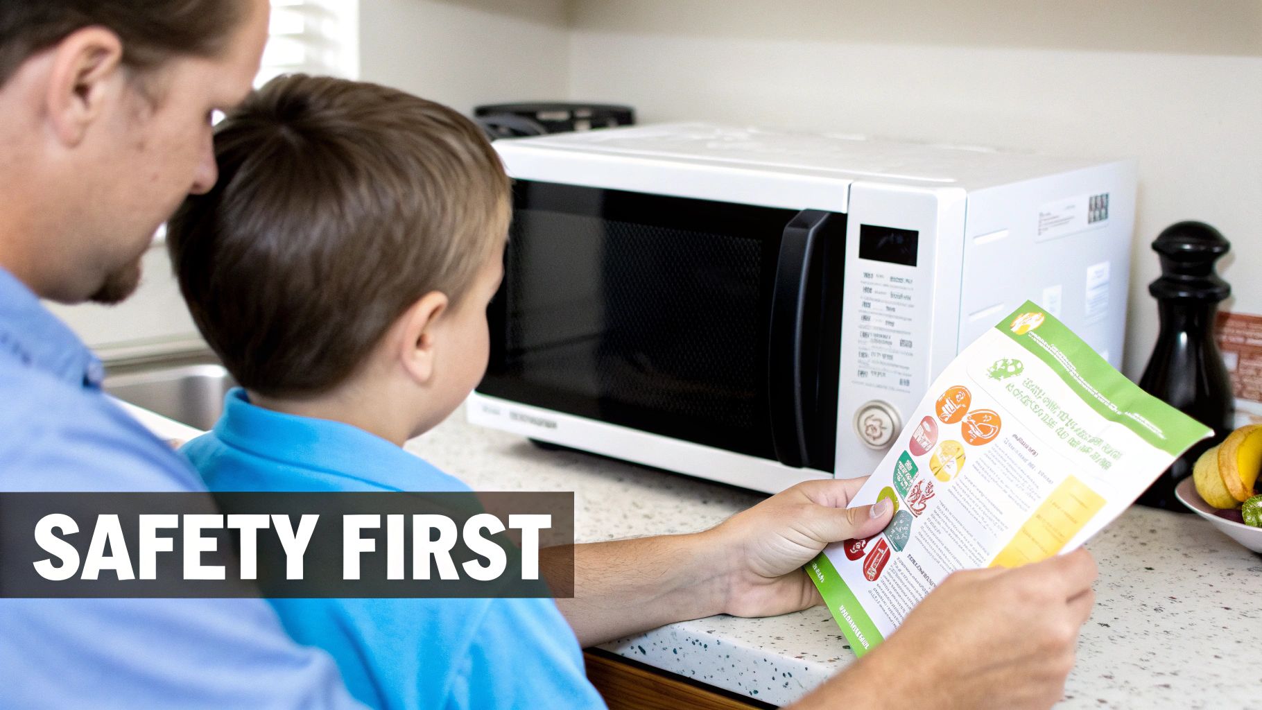 A father and child read instructions for a microwave oven, emphasizing safety first.