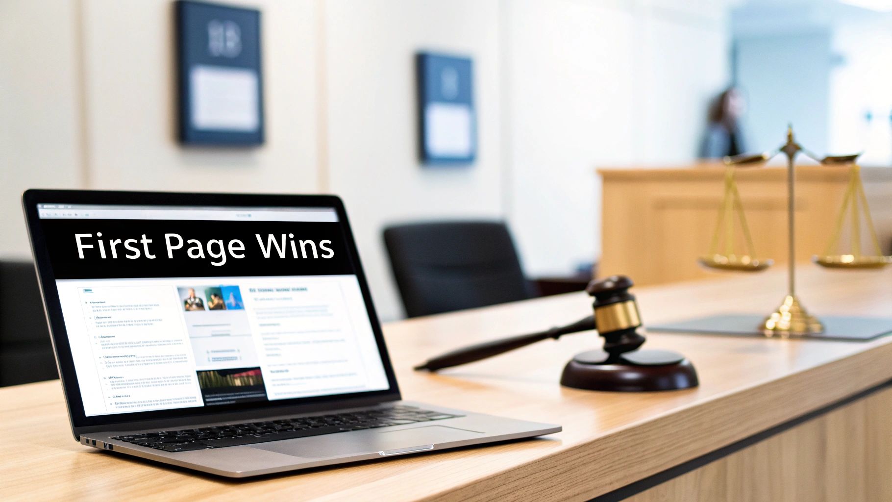 Laptop displaying 'First Page Wins' with a gavel and scales of justice, representing legal SEO success.