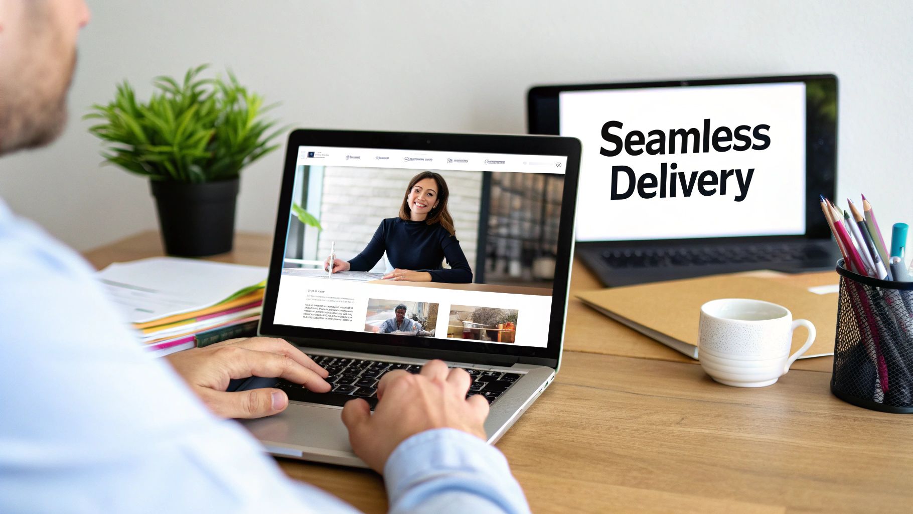 A person typing on a laptop with 'Seamless Delivery' displayed on a second laptop screen on a desk.