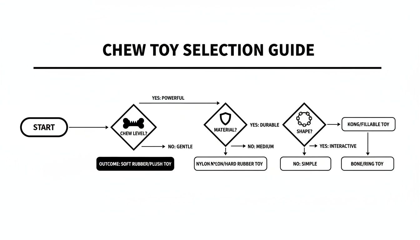 A chew toy selection guide flowchart based on chew level, material, and toy shape.