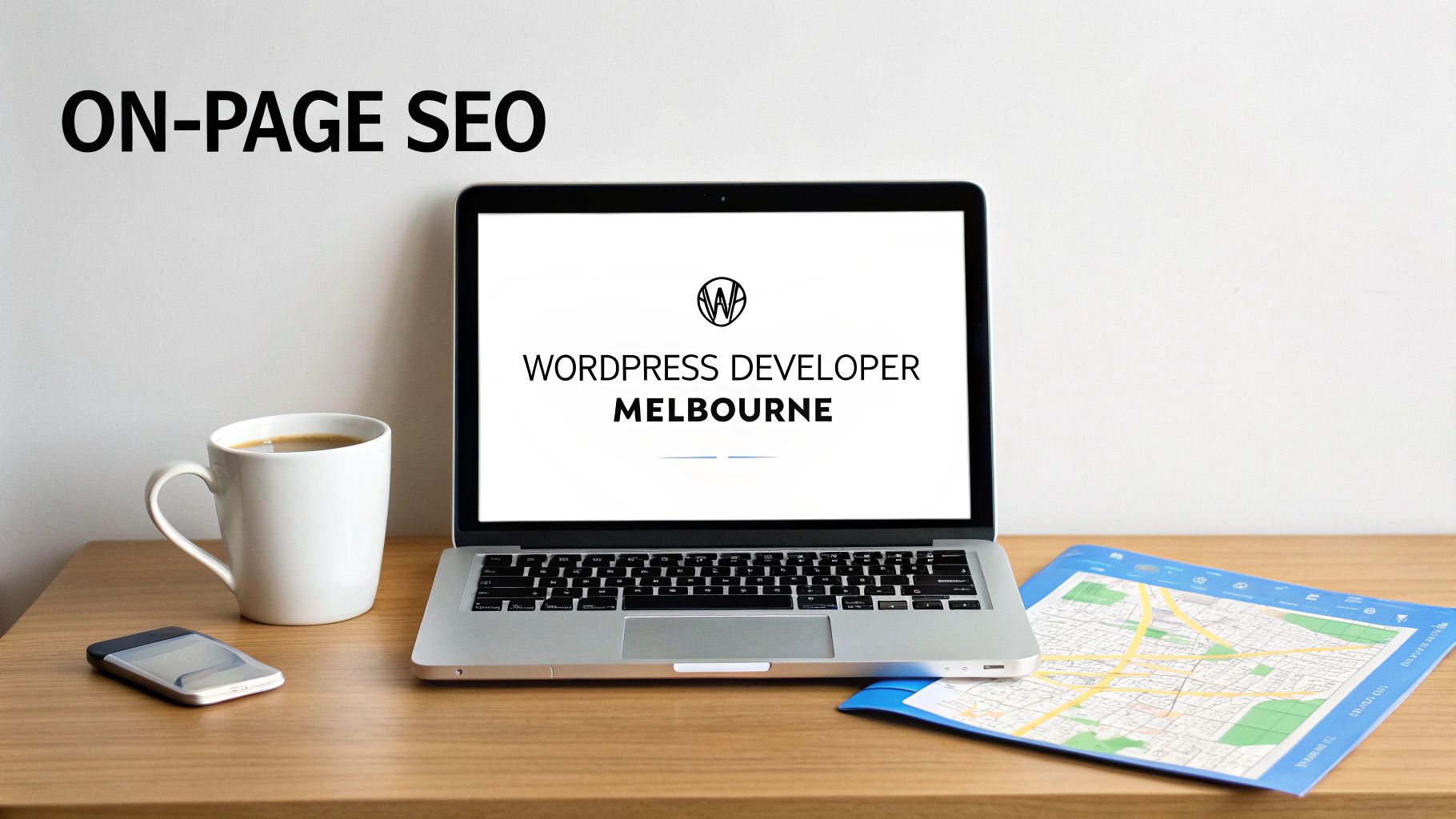 A desk setup with a laptop displaying 'WordPress Developer Melbourne', a coffee mug, phone, and 'ON-PAGE SEO' on the wall.