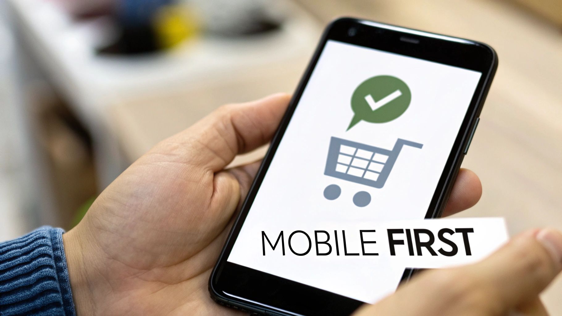 A hand holds a smartphone showing a shopping cart, a green checkmark, and 'MOBILE FIRST' text.