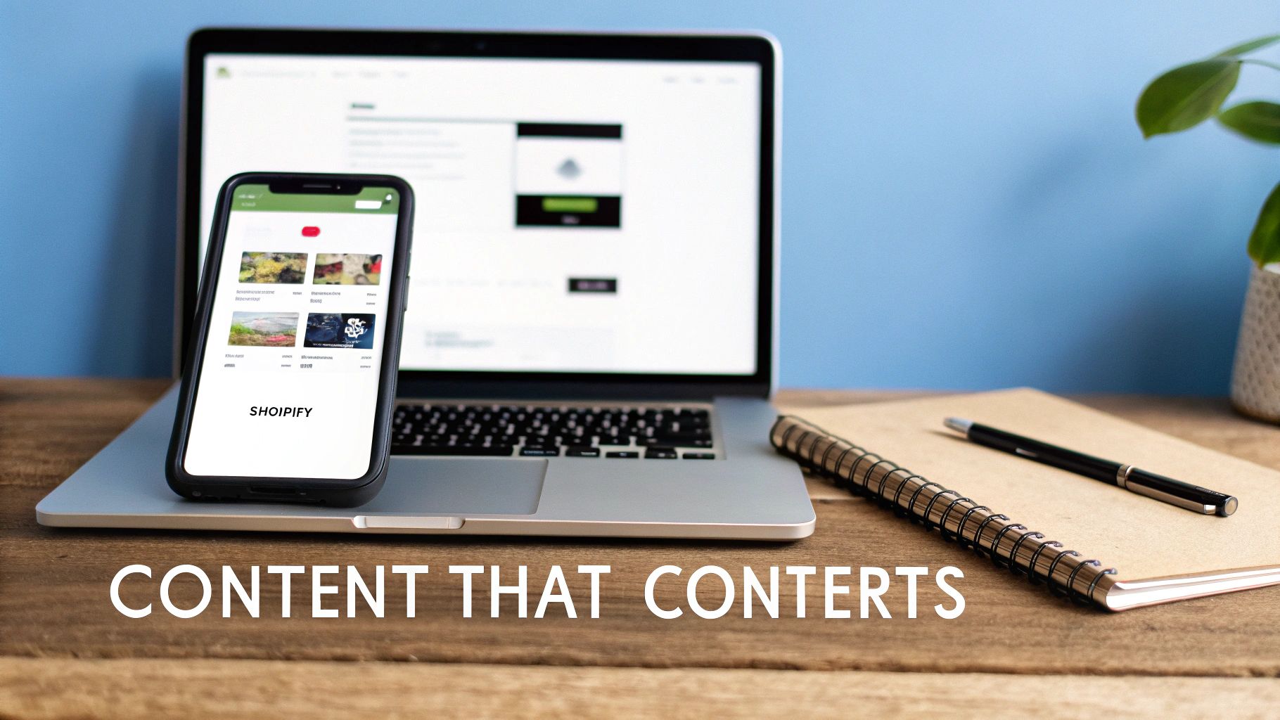 Modern workspace with a laptop, smartphone showing Shopify store, notebook, and pen on a wooden desk.