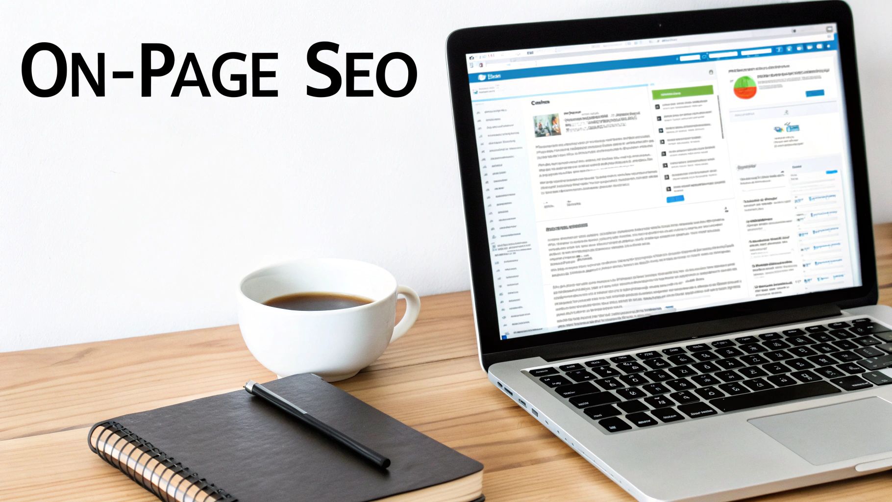 A laptop displaying an ON-PAGE SEO interface, accompanied by a coffee cup and notebook on a wooden desk.