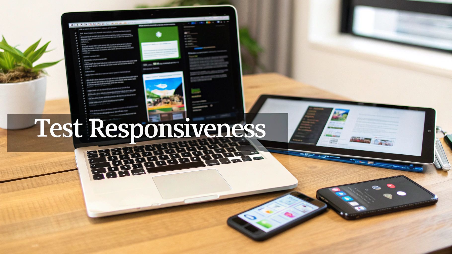 Multiple devices: a laptop, tablet, and smartphones displaying a responsive website on a wooden desk.