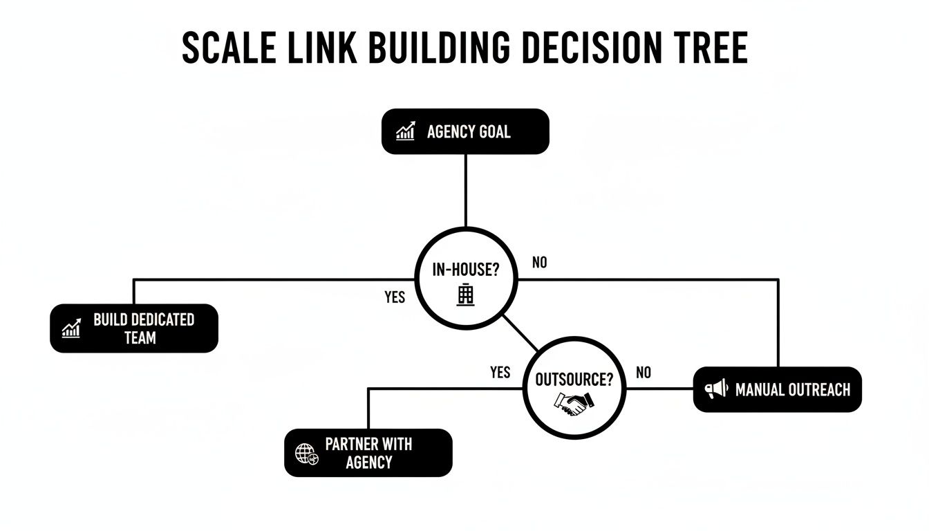 A decision tree illustrating different strategies for scaling link building based on in-house or outsourcing choices.