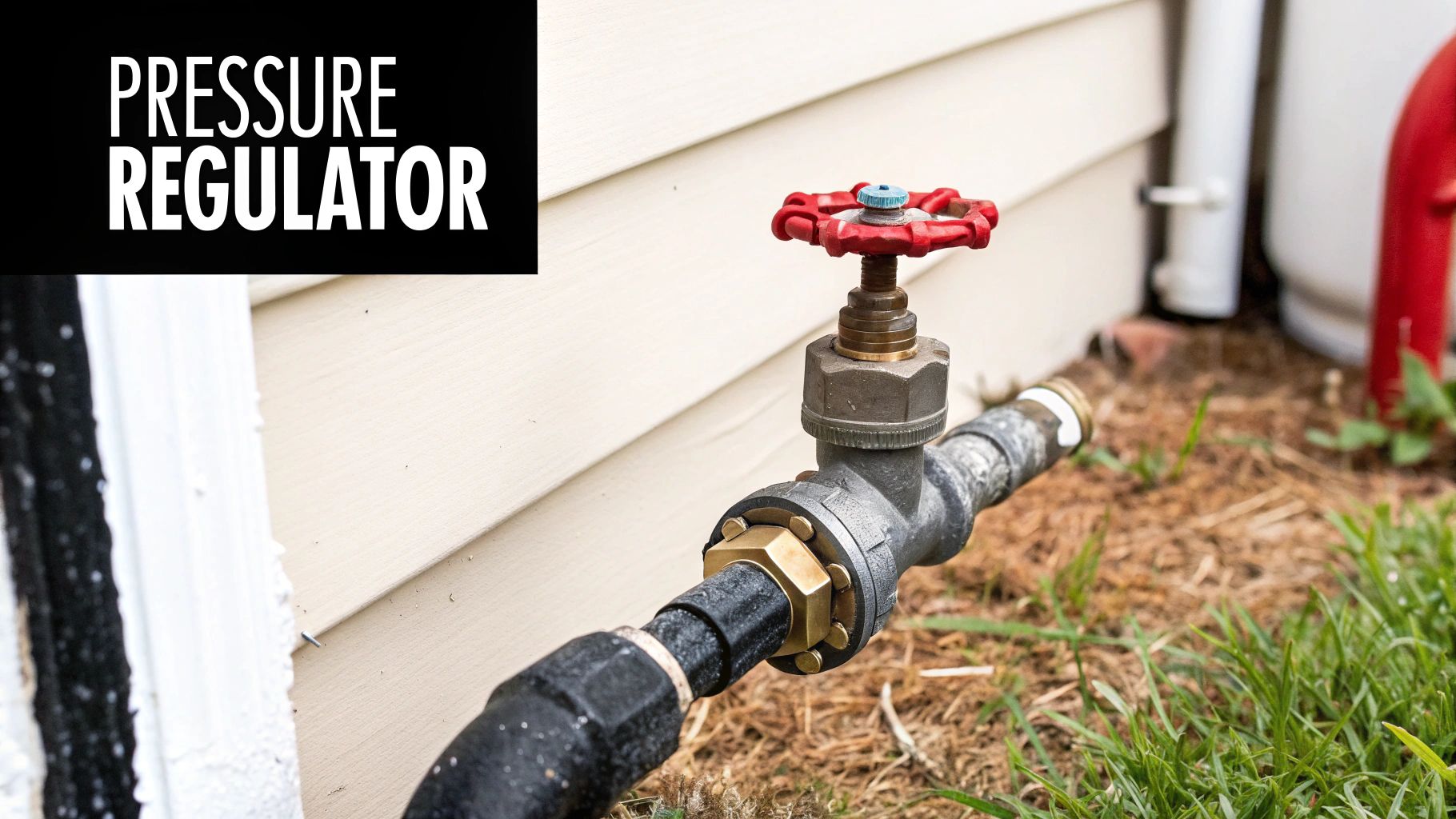 A pressure regulator with a red valve handle on a black pipe next to a beige house wall.