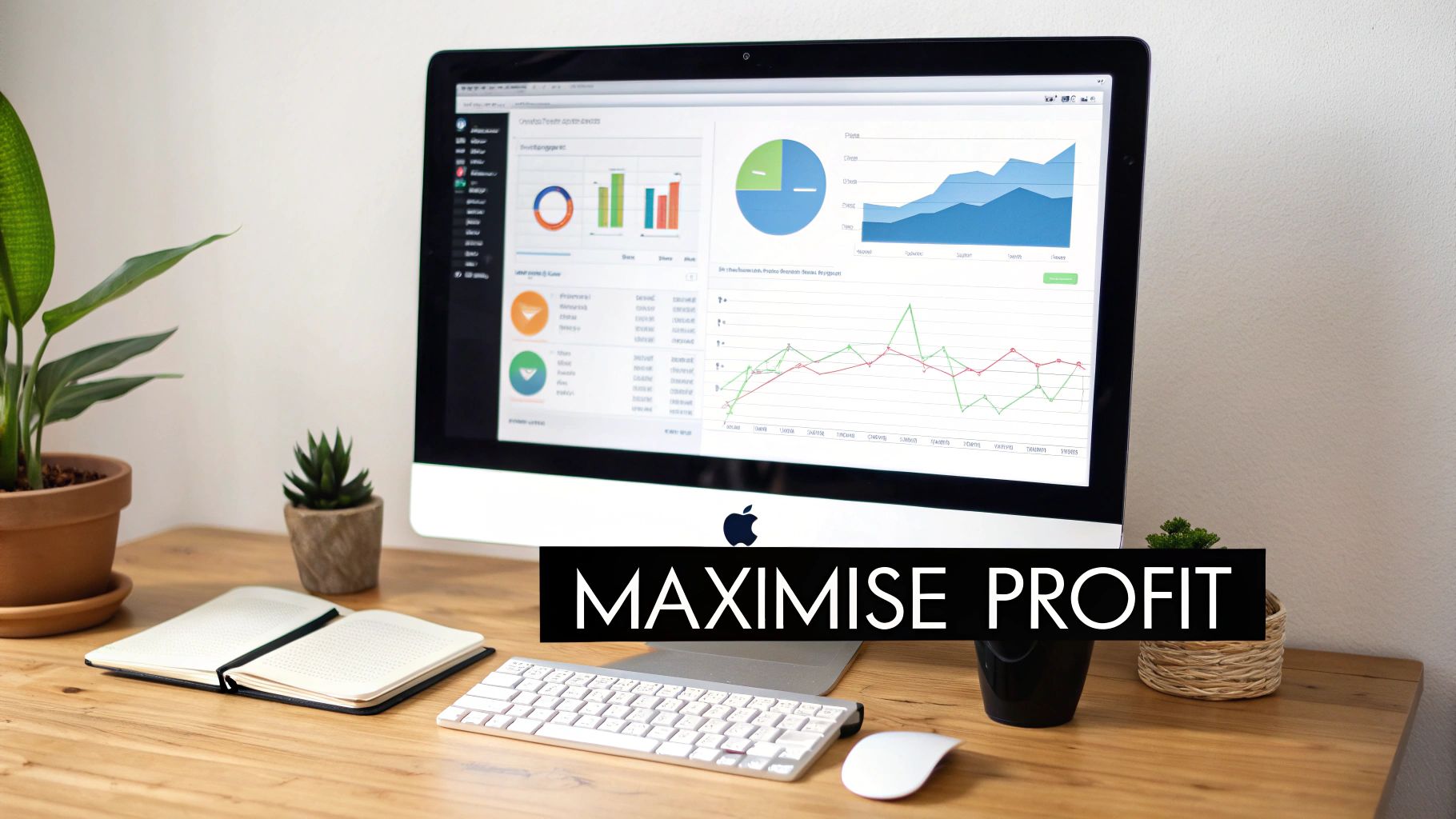 Modern workspace featuring an Apple iMac displaying profit maximization data, keyboard, mouse, and plants.