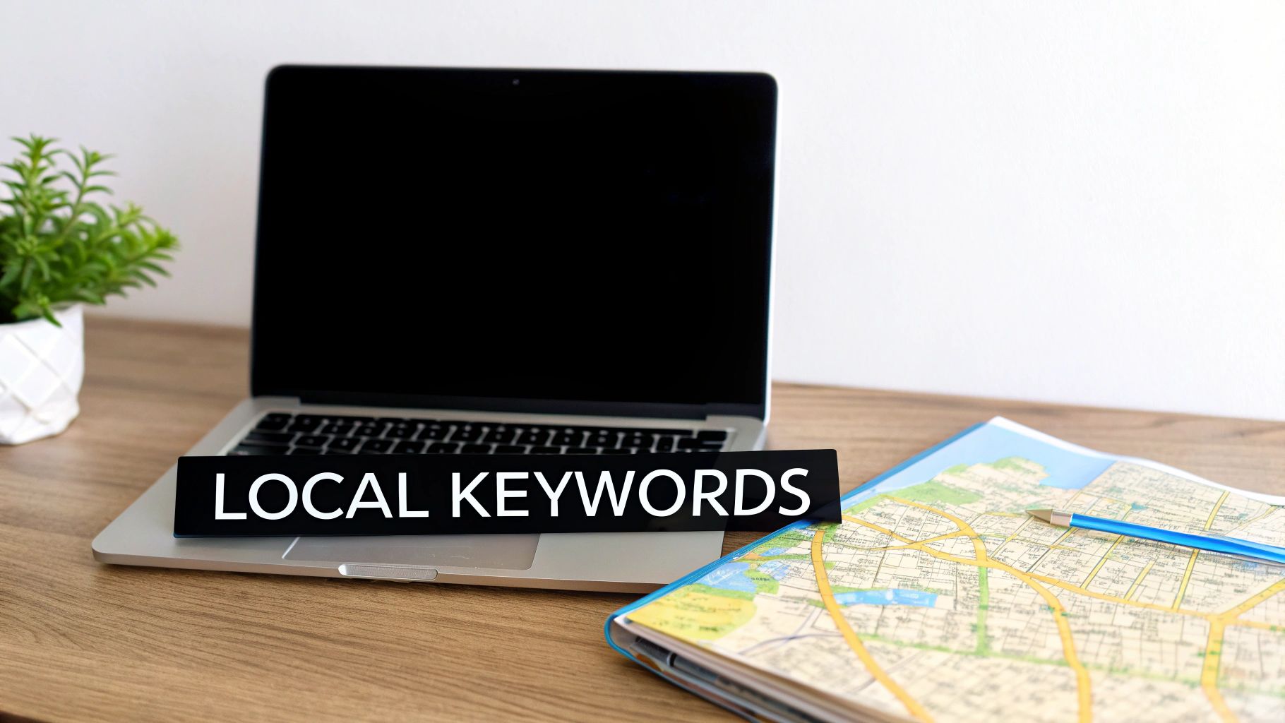 A person using a laptop to research keywords on a search engine results page.