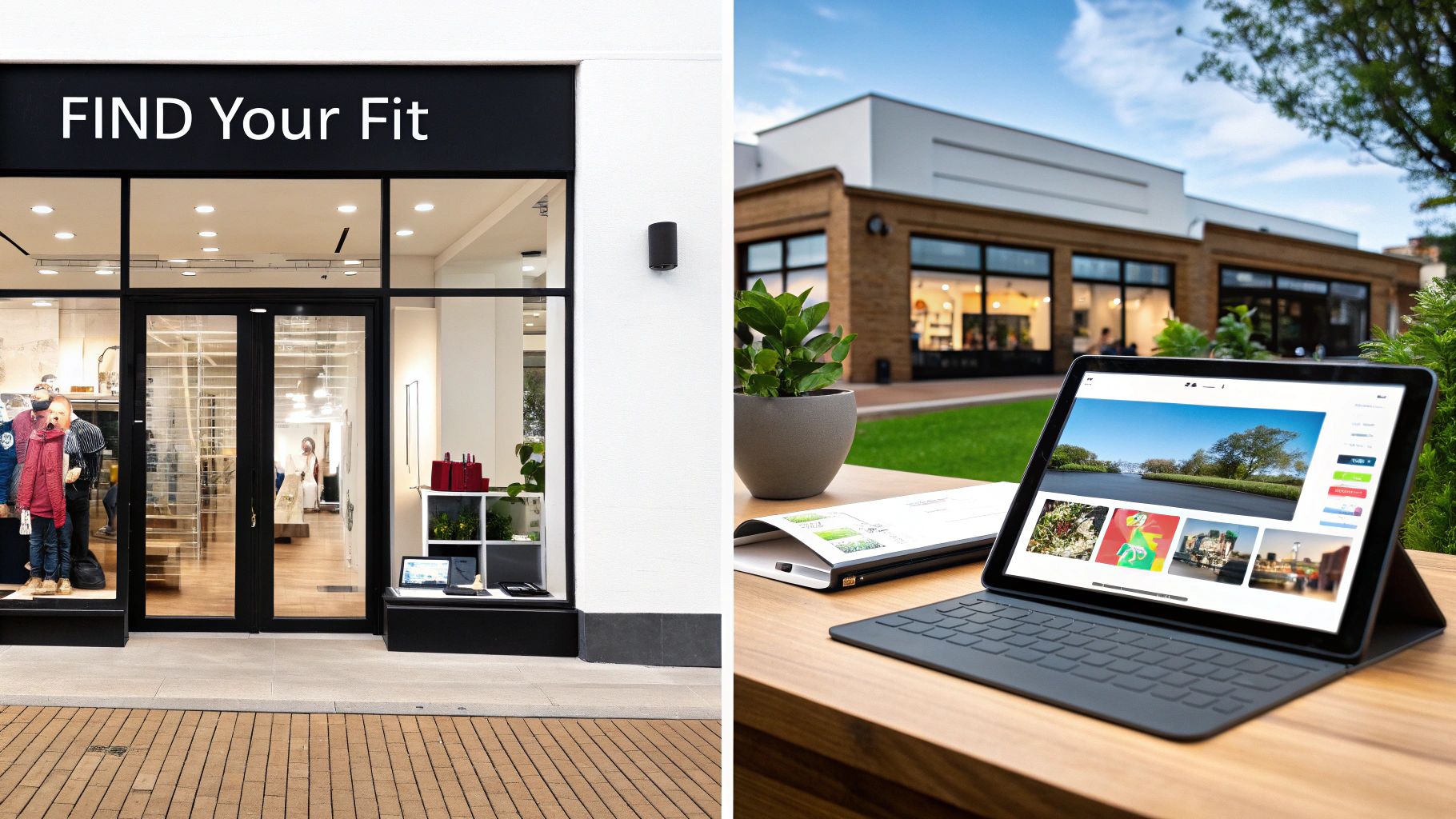 A modern retail store facade with 'FIND Your Fit' sign and an iPad on a wooden table in an outdoor setting.