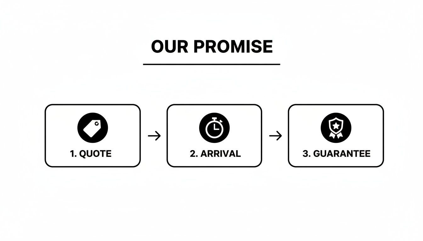 Graphic illustrating 'Our Promise' with three steps: 1. Quote, 2. Arrival, 3. Guarantee, using icons.