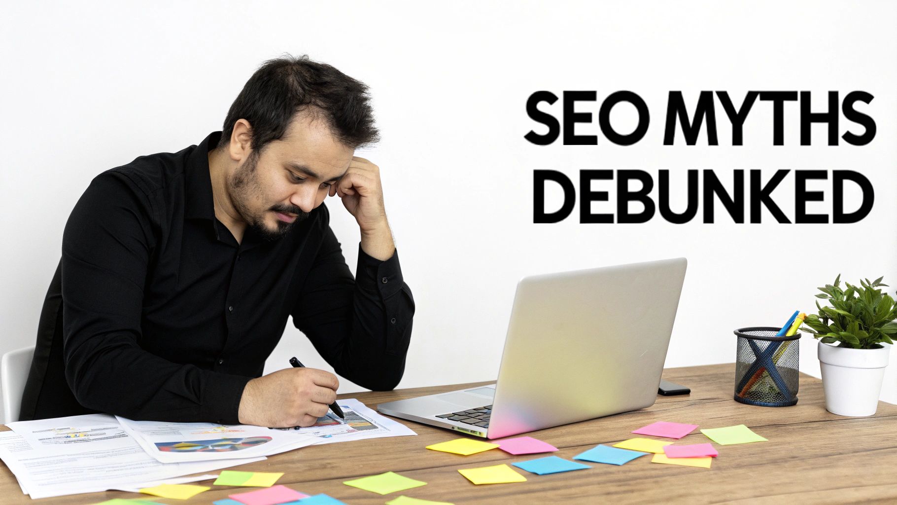 Man working at a desk with a laptop, documents, and sticky notes, with 'SEO Myths Debunked' text.