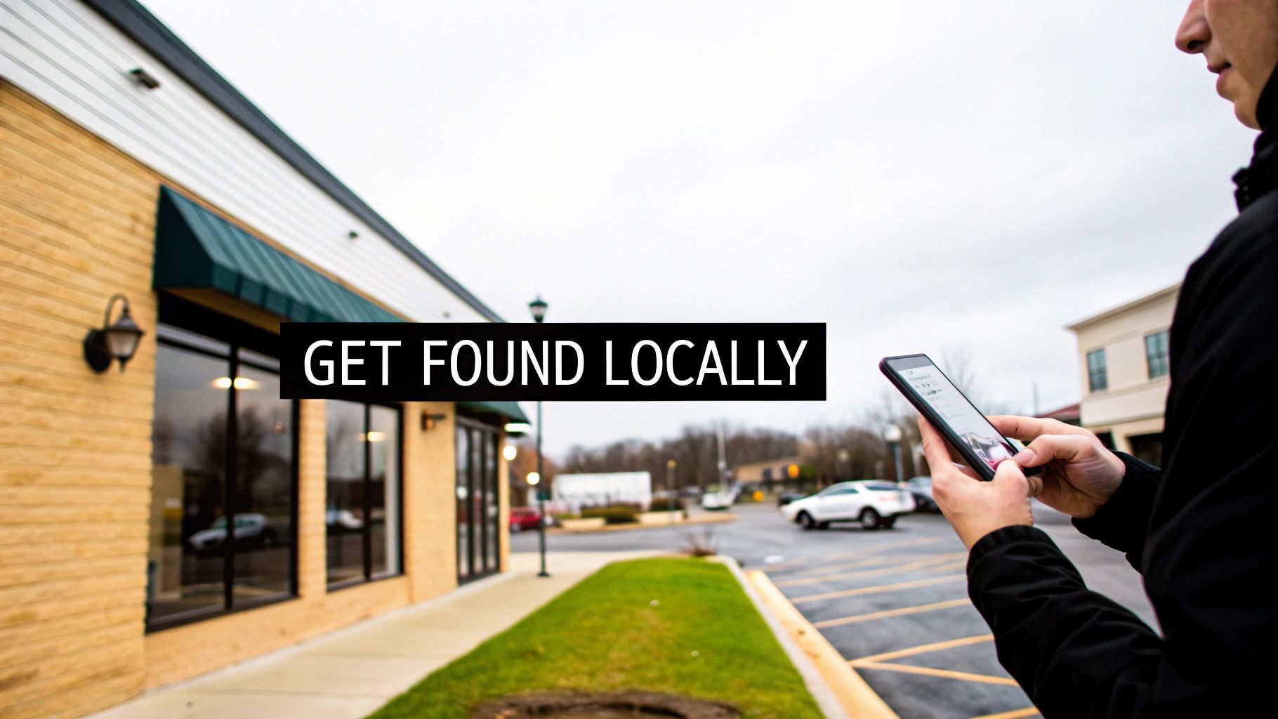 A person uses a smartphone outdoors, with a "GET FOUND LOCALLY" banner over a building entrance.