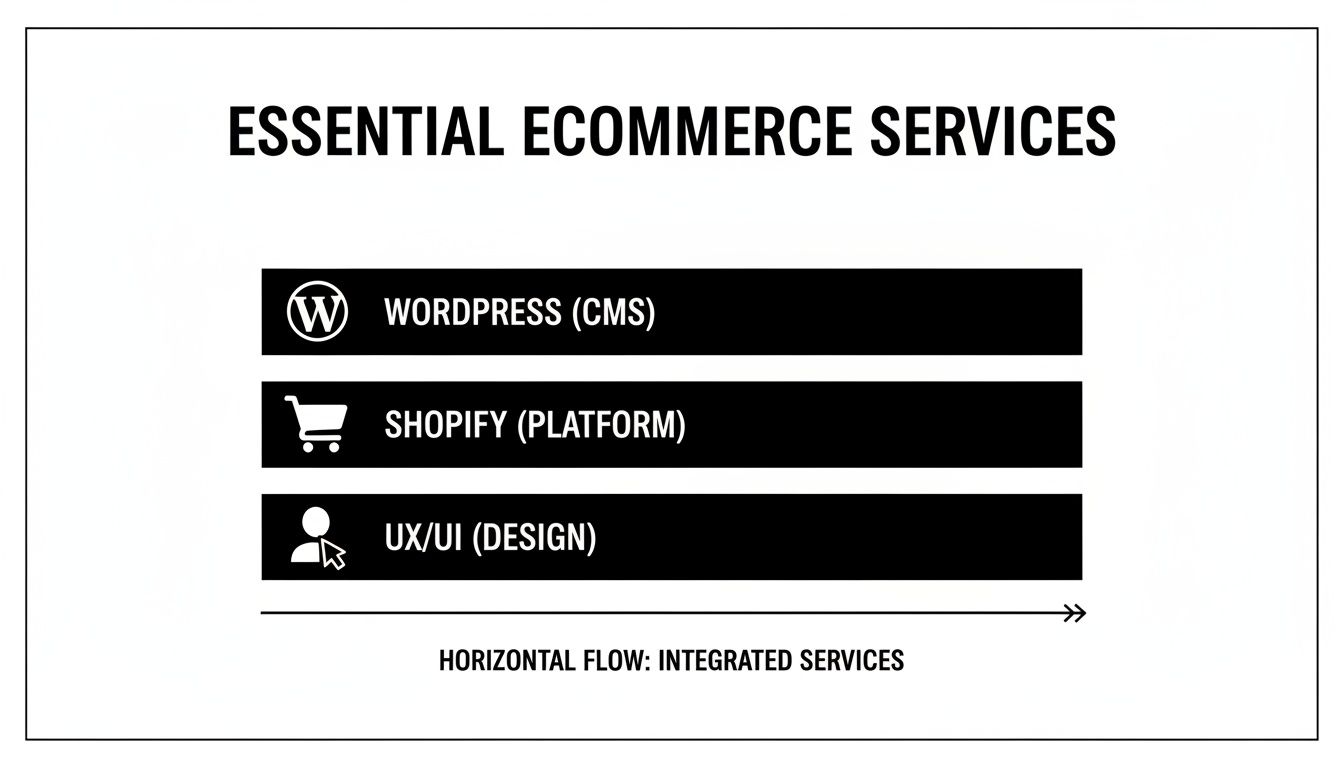 An infographic listing essential e-commerce services: WordPress (CMS), Shopify (Platform), and UX/UI (Design).