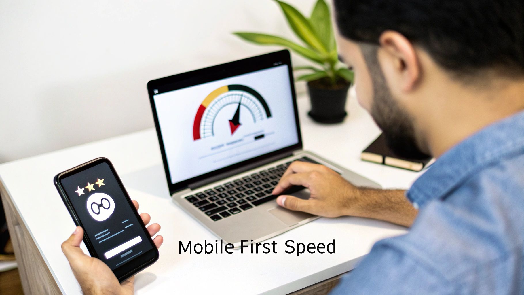 Man checking website speed on a laptop and mobile phone, focusing on mobile first design performance.
