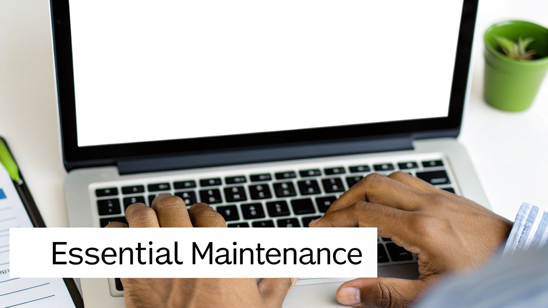 A person with dark skin types on a laptop with a blank screen, signifying essential maintenance.