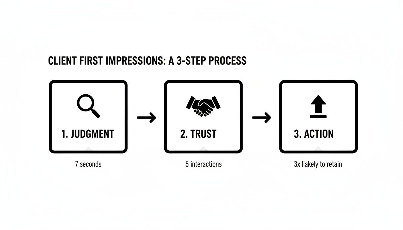 Flowchart outlining the client first impressions 3-step process: Judgment, Trust, and Action with key metrics.