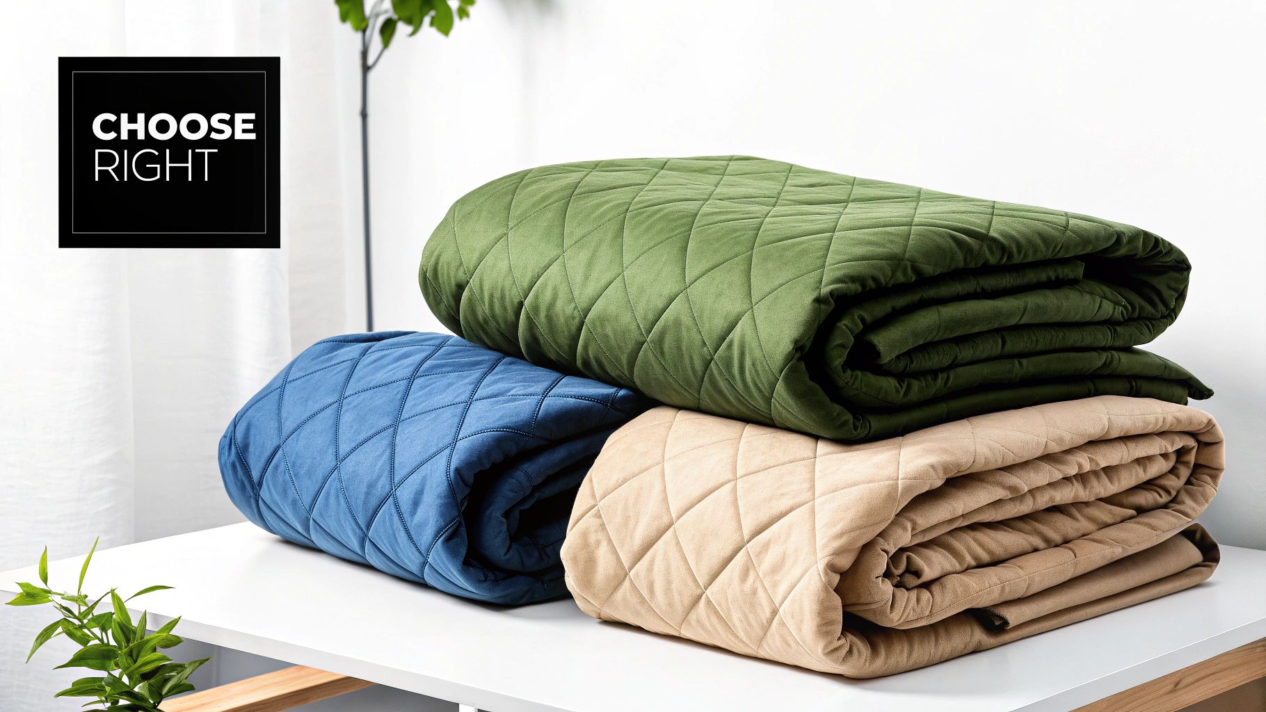 Three neatly folded quilted blankets in green, blue, and beige, stacked on a white table.